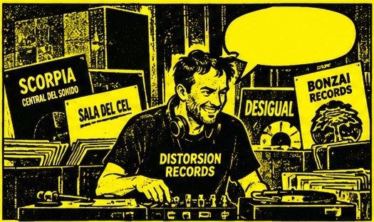 Il·lustració en còmic d'un DJ punxant davant de caixes de vinils de Scorpia, Sala del Cel i Bonzai Records